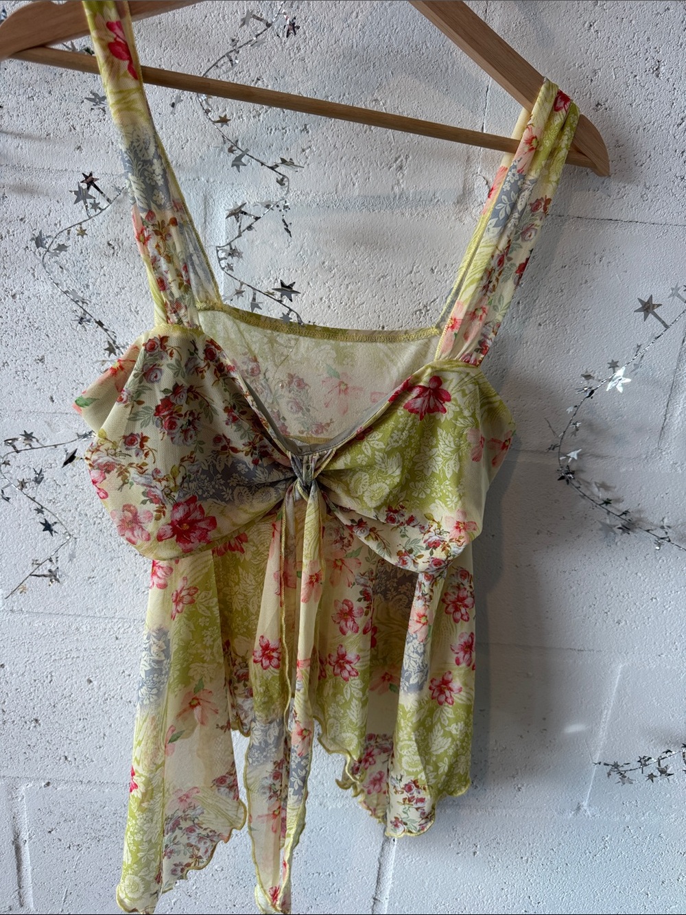 Y2K 90’s Vintage Sheer Floral Tie-Front Camisole in Yellow-Green